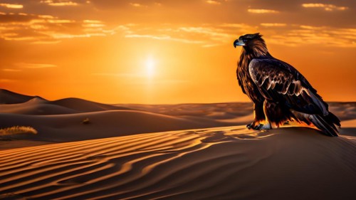 Golden eagle in sun kissed sand dune talons gripping the gobi deserts, AI generated