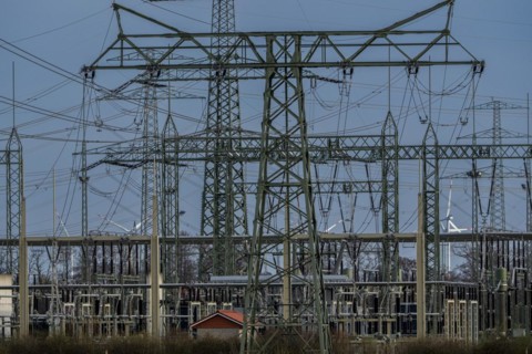 Stendal West substation with wind turbines in the background near Luederitz, Stendal,