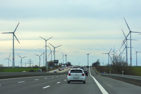 Busy motorway A 9, wind turbines on the side, Thuringia, Germany, Europe