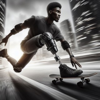 A young african american man with a prosthetic leg skateboards swiftly through an urban setting, AI