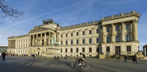 Reconstruction of Brunswick Castle, today the Schloss arcades shopping centre, equestrian statue of