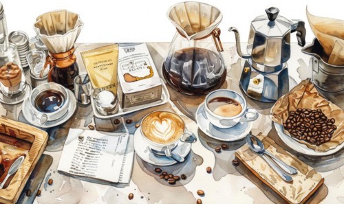Watercolor illustration of a coffee shop scene with various coffee-related items like cups AI