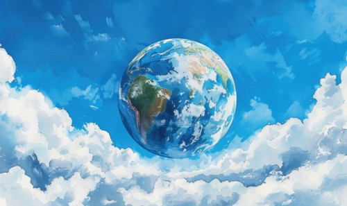 Watercolor illustration of the Earth globe with fluffy clouds against a clear blue sky AI generated