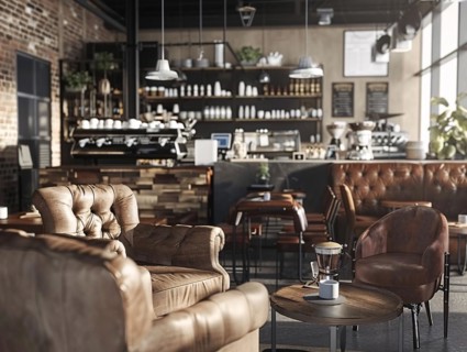 Spacious coffee shop with comfy leather furniture, wooden accents, and industrial lighting creating
