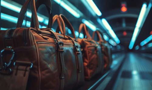 Leather travel bags under moody blue lighting, giving a futuristic urban vibe AI generated