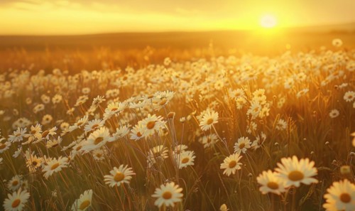 Daisies in a field at sunset, fields and meadows, spring nature background AI generated