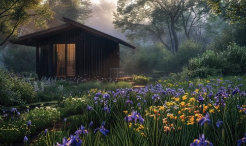 Morning mist enveloping a contemporary wooden cabin hidden deep within a spring garden filled with