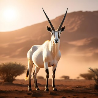 Arabian oryx with its long straight horns white coat shimmering in desert sun, AI generated