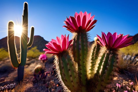 Saguaro cactus with vibrant flower in full bloom in early morning light, AI generated
