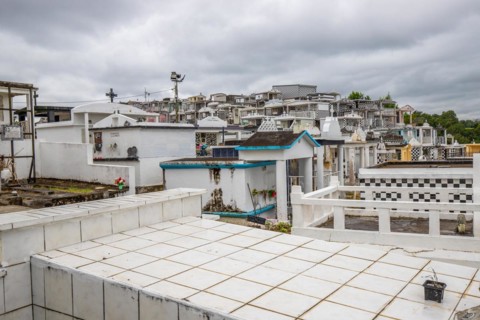 Famous cemetery, many mausoleums or large tombs decorated with tiles, often in black and white.