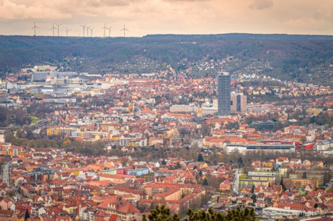 City centre of Jena with the Jentower in the centre and the Kernberge in the background, Jena,