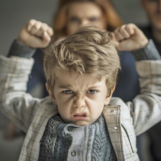 An angry child grimaces and poses energetically, AI generated