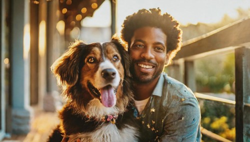 A man and his dog are smiling for the camera. The man is wearing casual the dog is wearing a collar