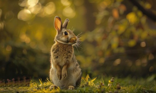 A bunny sitting upright in the forest, bokeh lights AI generated