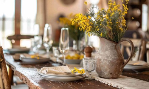 A dreamy bedroom setting with a vase of Mimosa flowers placed on a bedside table AI generated