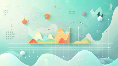 Playful data visualization with mountain graph and balloons in soft pastel colors on a light