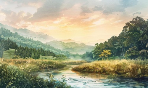 A watercolor illustration of valley with calm river flowing through verdant fields AI generated