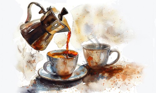 Watercolor illustration of a vintage coffee pot pouring coffee into a cup AI generated