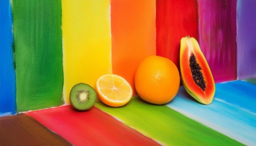 Fruits against a multi-colored backdrop with bold stripes of rainbow hues, horizontal, AI generated