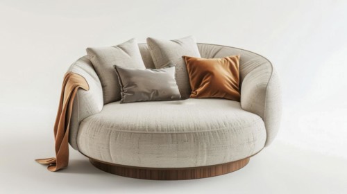 Round chair with textured fabric and throw pillows against a neutral background, ai generated, AI