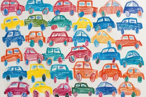 Cars standing in a traffic jam, drawing with coloured pencils by a child of preschool age, primary