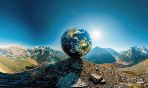 An Earth globe set against a mountain backdrop with a clear blue sky AI generated