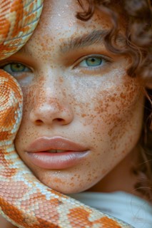 Close-up of a woman with freckled skin and blue eyes next to a snake, blurry teal turquoise solid