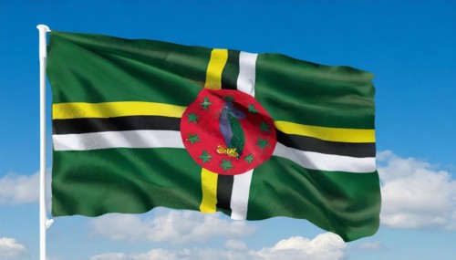 The flag of Dominica, Lesser Antilles, Caribbean, fluttering in the wind, isolated, against the