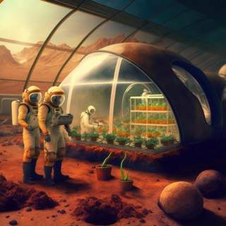Hydroponic greenhouses installed on mars. Future vision of human colonization on other planets.