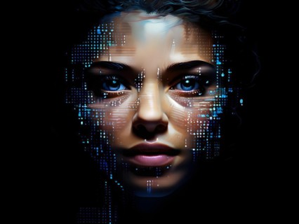 AI generated human portrait transitioning from lifelike human to a pixelated digital effect