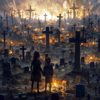 Two children look at a cemetery during a peaceful sunrise, war, war graves, military cemetery, AI