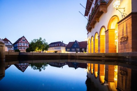 View of an old town, half-timbered houses and streets in a town. Seligenstadt am Main, Hesse