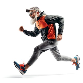 Elderly man in motion, jogging happily in orange and grey sportswear, running, starting,