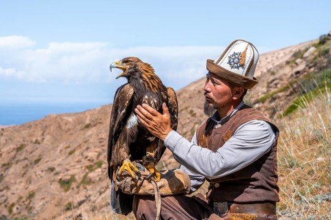 Traditional Kyrgyz eagle hunter with eagle in the mountains, hunting, near Bokonbayevo, Issyk Kul