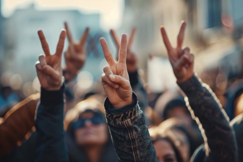 Crowd of people with raised hands with peace sign. KI generiert, generiert, AI generated