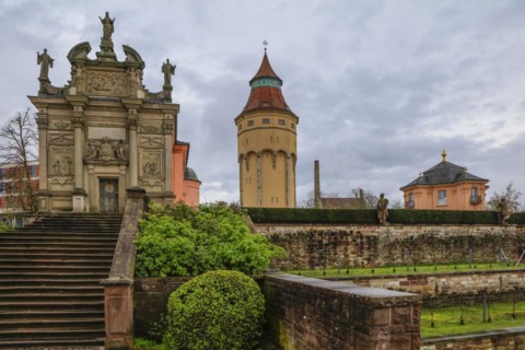Einsiedeln Chapel, historic water tower and Pagodenburg Castle, former residence of the Margraves