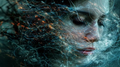 Ethereal digital portrait of a mysterious woman with abstract blue elements, ai generated, AI
