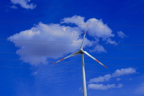 Wind turbine and high-voltage lines at the Avacon substation in Helmstedt, Helmstedt, Lower Saxony,