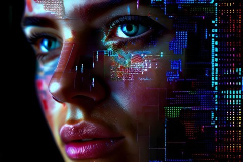 AI generated human portrait transitioning from lifelike human to a pixelated digital effect
