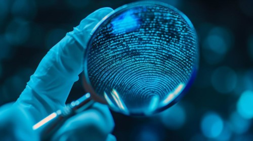 Crime scene with investigator wearing surgical glove viewing A fingerprint through the glass of a