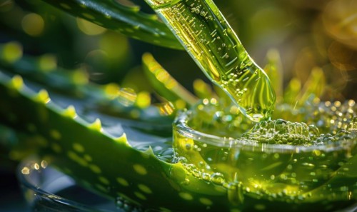 Close-up of aloe vera gel being extracted and blended with botanical oils and essences AI generated