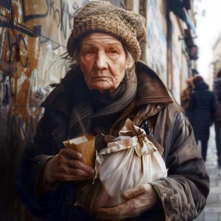 Elderly lady holding paper bags, looking tired and worried, city in the background, AI generated