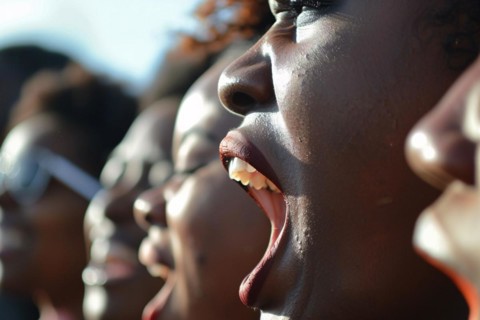 Close up of black african american women with open mouths shouting at protest march. KI generiert,