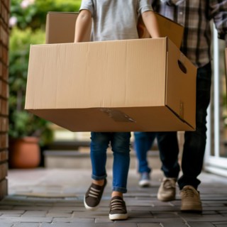 People carrying apartment relocation boxes out of a house, apartment relocation, apartment