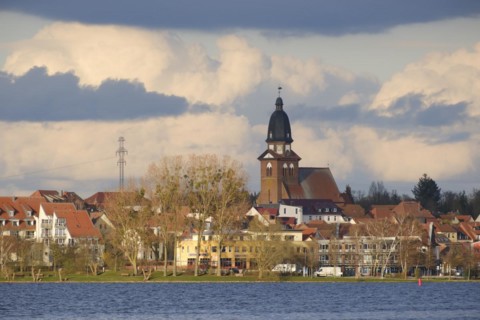 Town view Waren with church St. Marien, Mueritzsee, Waren, Mueritz, Mecklenburg Lake District,
