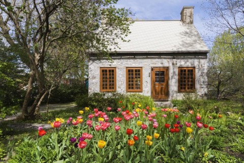 Old circa 1750 Canadiana style fieldstone house facade with brown stained wooden windows, door and