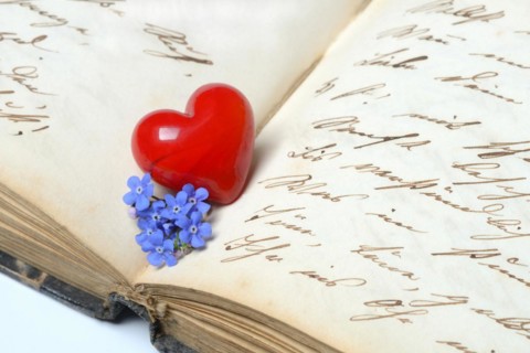 Red heart and forget-me-not flower on old diary