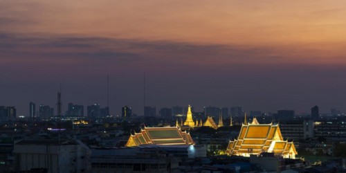 Panorama from Golden Mount to the illuminated Wat Ratchabophit, Wat Rachapradit, Wat Pho and Wat