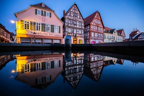 View of an old town, half-timbered houses and streets in a town. Seligenstadt am Main, Hesse