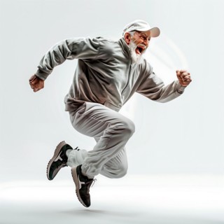 An older man with a baseball cap jumps energetically in grey sportswear, run, start, advertising,